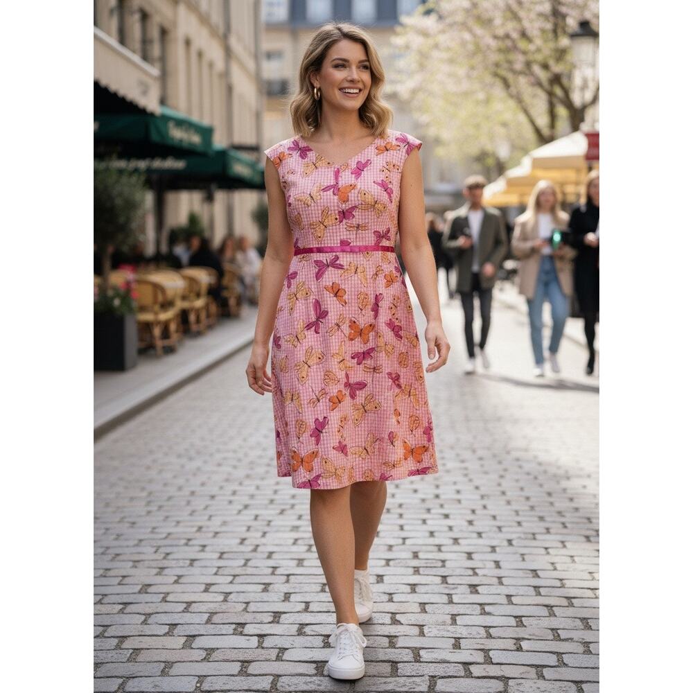 Y2K Era Sangria Pink Gingham Butterfly Fit‑and‑Flare Dress – 14P